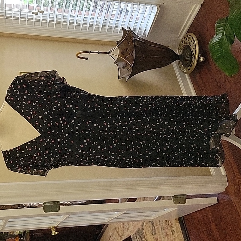 Maggy London silk black pink cream polka dot dress short flutter sleeve 16 EUC …